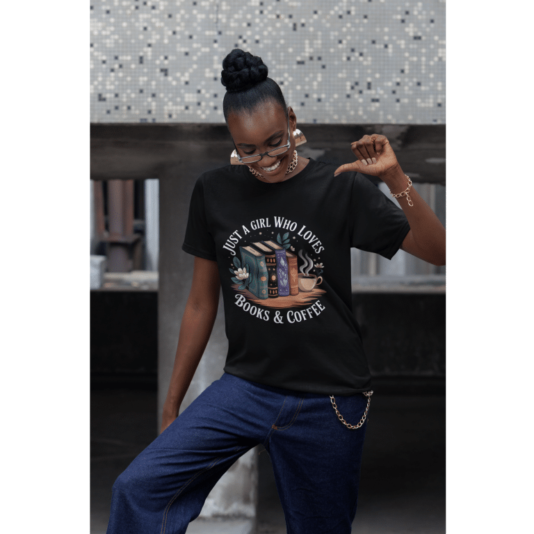 Unisex organic cotton t-shirt with illustration of stacked books and steaming coffee cup, soft and comfortable casual style