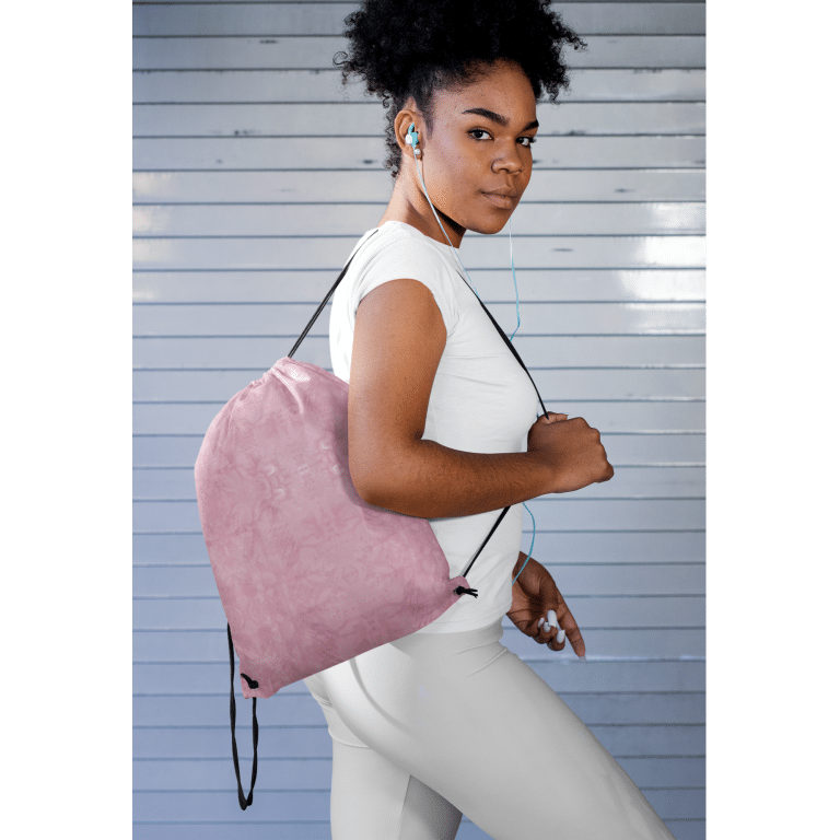 Softly Sweet pastel tie-dye drawstring bag, 100% polyester, 15x17 inch gym backpack with twin cotton handles and contrasting straps.