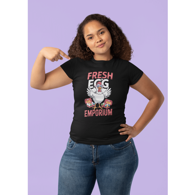 DryBlend T-Shirt with whimsical chicken graphic, modern classic fit, moisture-wicking cotton-polyester blend, fresh Egg Emporium design.
