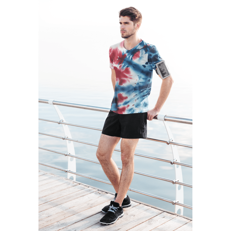 Men's colorful tie-dye athletic t-shirt with moisture-wicking four-way stretch fabric and UPF 50+ sun protection.