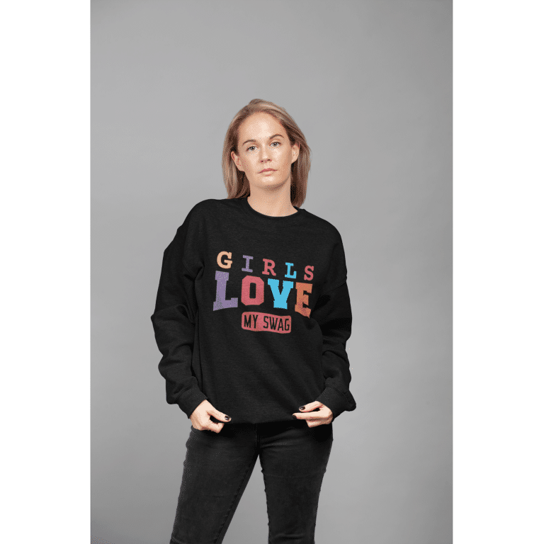 Unisex organic oversized sweatshirt with 'Girls Love My Swag' text, made from organic cotton blend, sustainable and comfortable oversized fit.