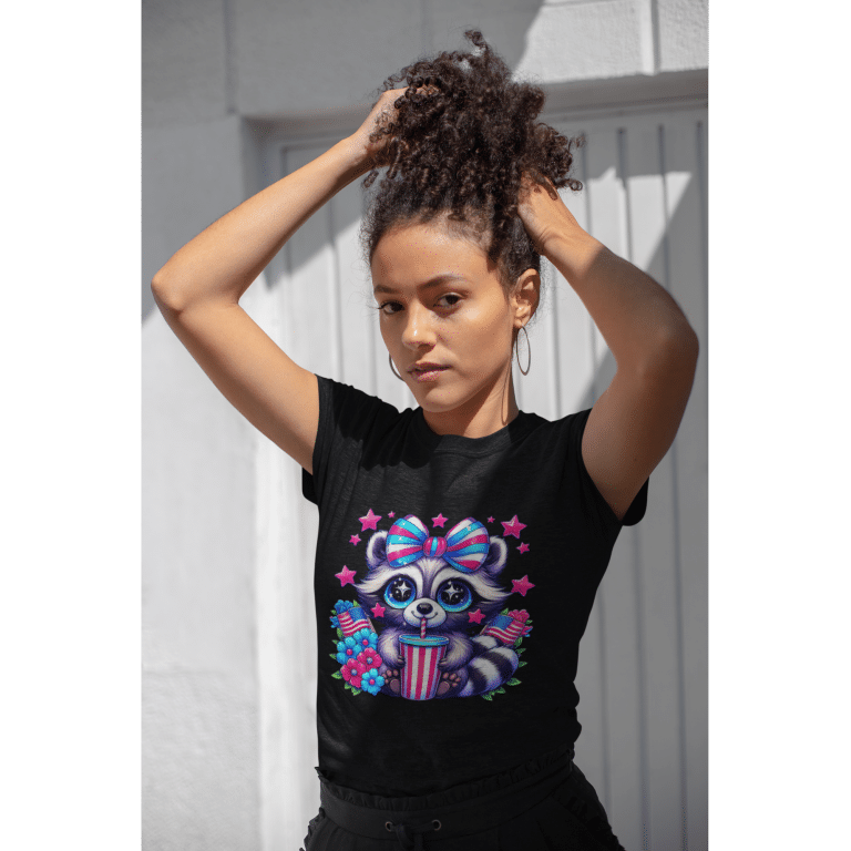 Unisex organic ribbed neck t-shirt with cute raccoon design, playful stars, soft 100% organic cotton.