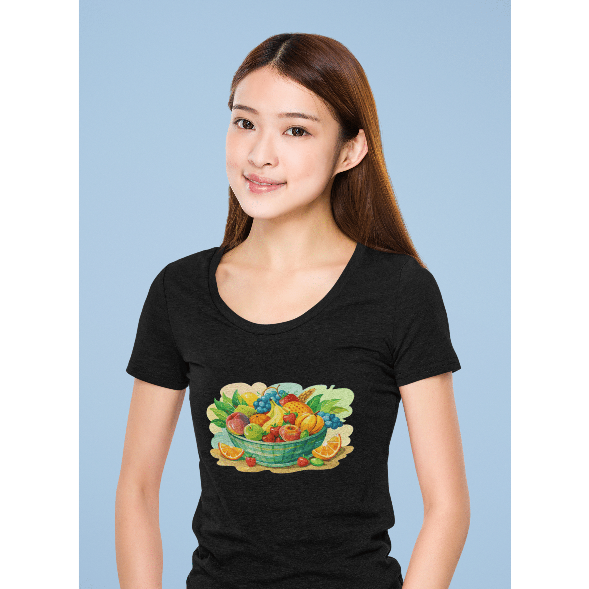 Watercolor Healthy Food Fruit Basket Women's relaxed fit watercolor fruit basket graphic tee, soft cotton crew neck, vibrant healthy food design.