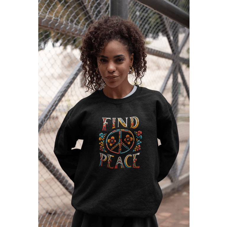 Unisex Cotton Heritage sweatshirt with Find Inner Peace peace symbol floral design, ribbed crew neck, soft fleece lining, heather grey.