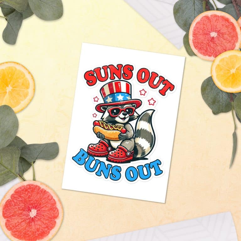 Vibrant summer sticker sheet with glossy finish, patriotic raccoon design and white border.