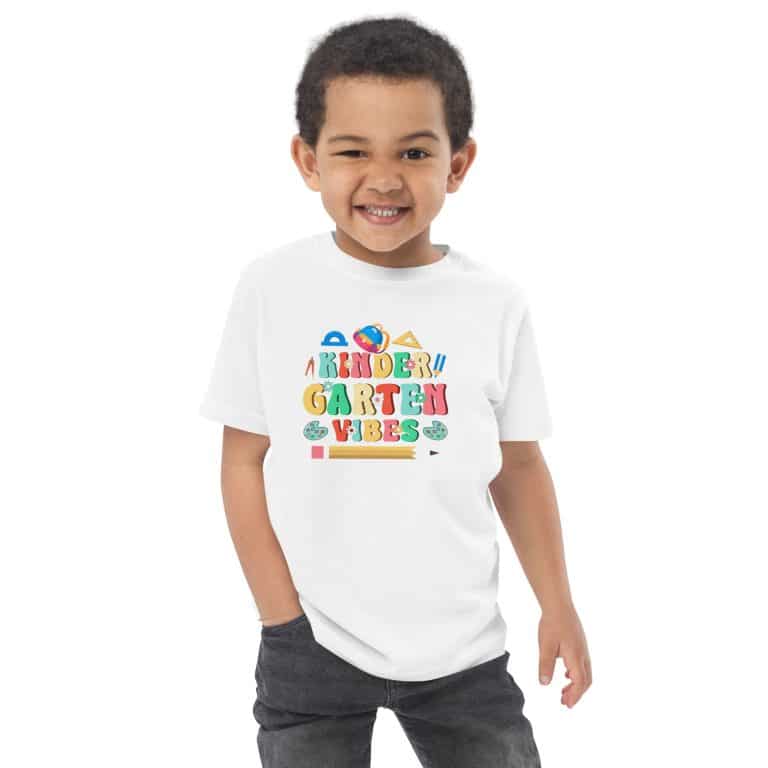 Soft cotton toddler jersey t-shirt with Kindergarten Vibes design, breathable fabric, comfortable fit for kids, perfect for everyday wear.