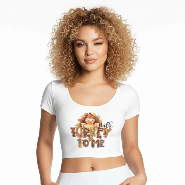 Whimsical all-over print crop top featuring "Talk Turkey to Me" graphic in vibrant colors, form-fitting stretchy polyester-spandex blend, perfect for festive occasions.