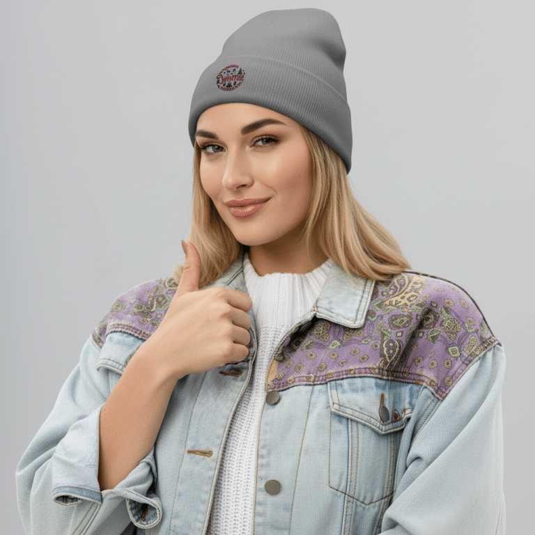 Embroidered beanie 'Walking in Winter Wonderland' - cotton-acrylic blend, breathable, one size fits most.