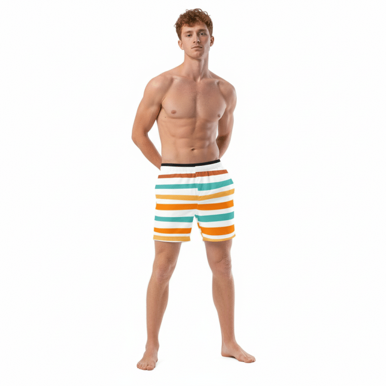 Men's recycled swim trunks with Halloween pattern, UPF 50+, quick-dry, elastic waist.
