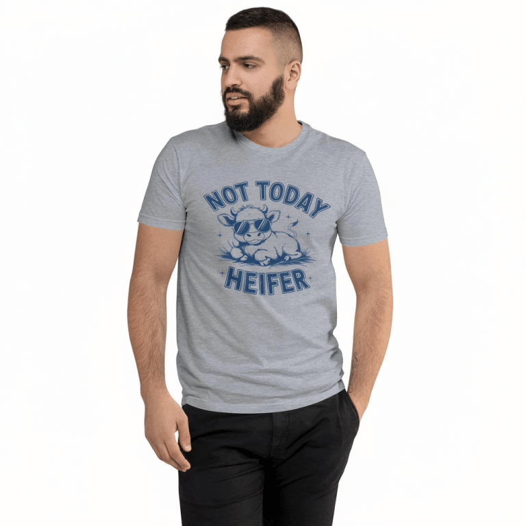 Playful 'Not Today Heifer' short sleeve t-shirt with cow wearing sunglasses, soft cotton, in white or heather grey.