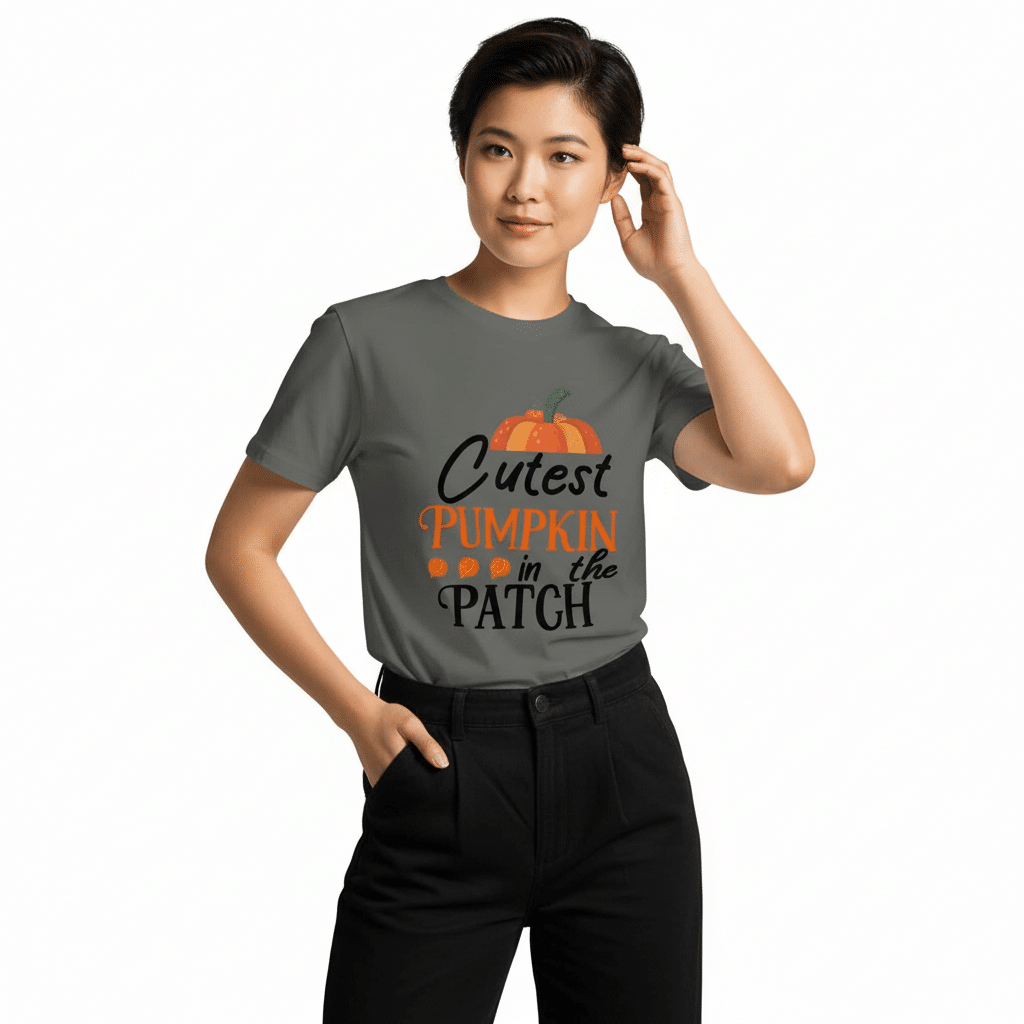 Unisex premium cotton t-shirt with "Cutest Pumpkin In The Patch" fall graphic, regular fit, crew neck, soft combed cotton.