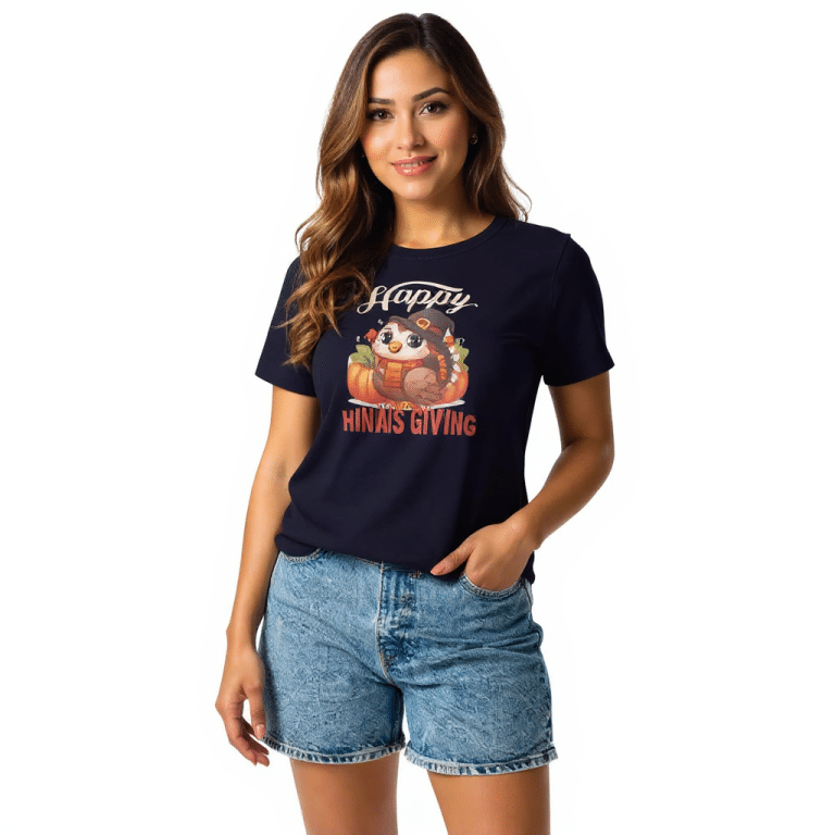 Women's Relaxed Fit Cotton T-Shirt with Happy Thanksgiving Pilgrim Penguin Design, Autumn Leaves, and Pumpkins
