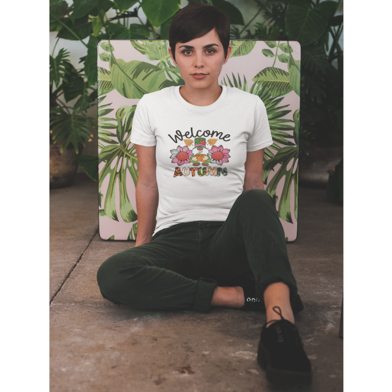 Deep burgundy DryBlend® T-shirt with autumn leaves design, moisture-wicking 50/50 cotton-poly, modern classic fit, rib collar.