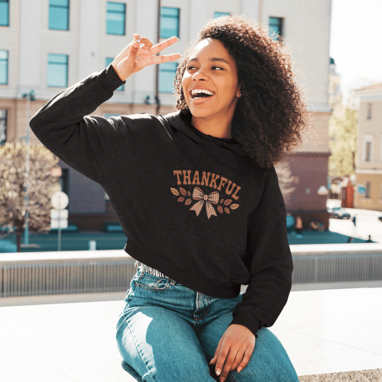 Bella + Canvas Crop Hoodie - Thankful: cropped raw hem, autumn leaves bow design, soft cotton-poly fleece.