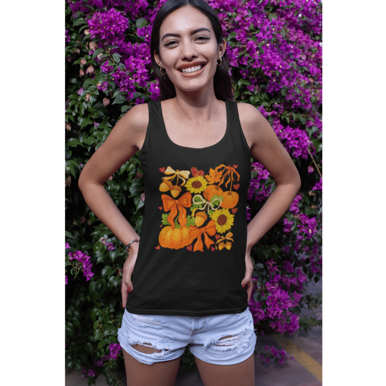Bella + Canvas muscle shirt in floral fall boho pumpkins coquette with sunflowers and bows. 100% combed ring-spun cotton, relaxed fit.