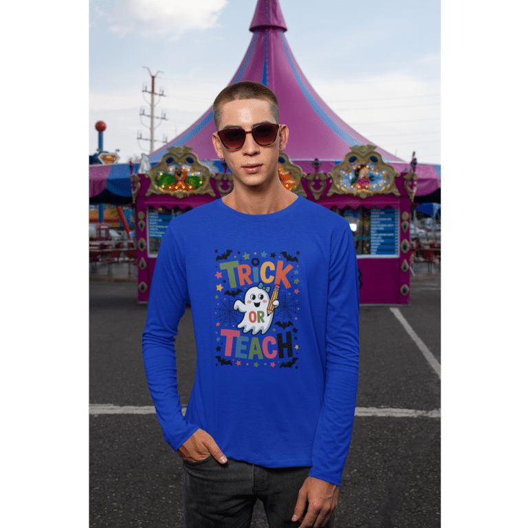 Unisex long sleeve tee featuring Trick Or Teach ghost design, 100% combed ring-spun cotton, regular fit, crew neck, Halloween style.