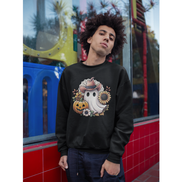 Oversized heavyweight Halloween sweatshirt with cute ghost in cowboy hat, sunflowers, and pumpkin, black, unisex cozy fall style