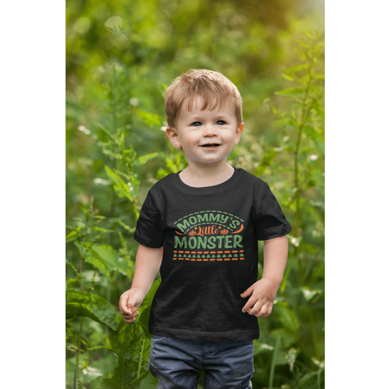 Toddler jersey t-shirt "Mommy's Little Monster," ash/heather colors, 100% combed cotton, lightweight, durable stitching, perfect for Halloween.