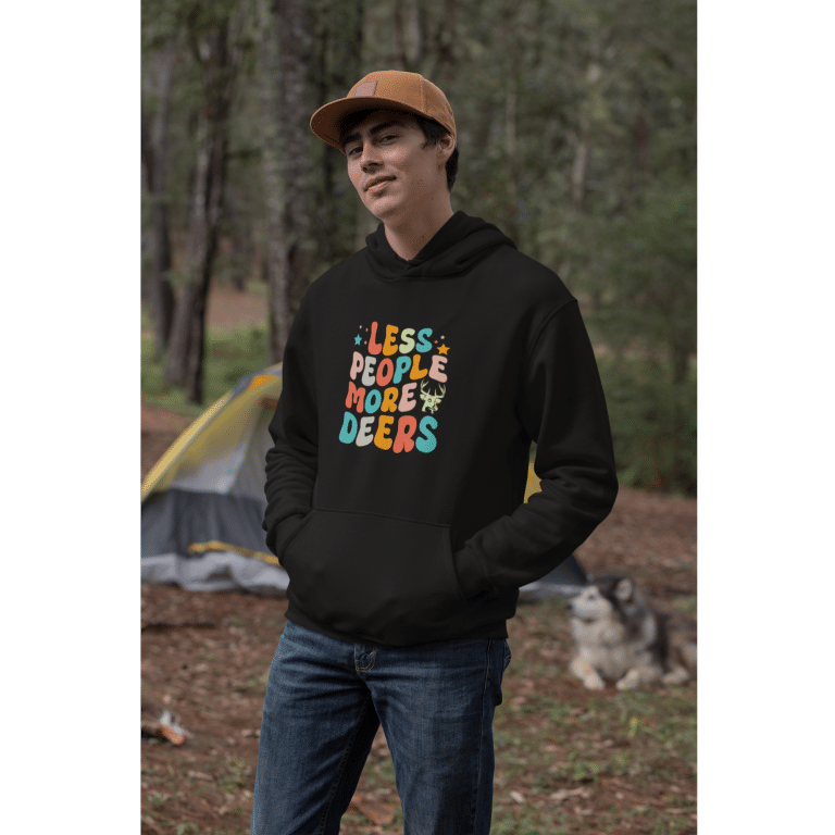 Oversized heavyweight hoodie with "Less People More Deers" deer graphic, brushed fleece, double-layered hood, front pocket, unisex style.