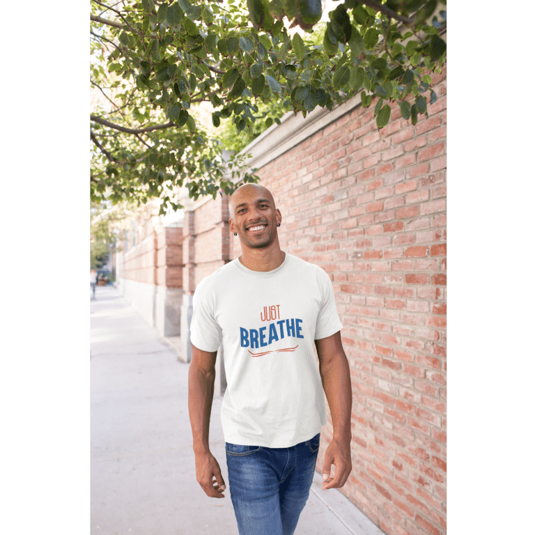 Men's premium cotton crew neck t-shirt in regular fit with "Just Breathe" text, soft and durable.