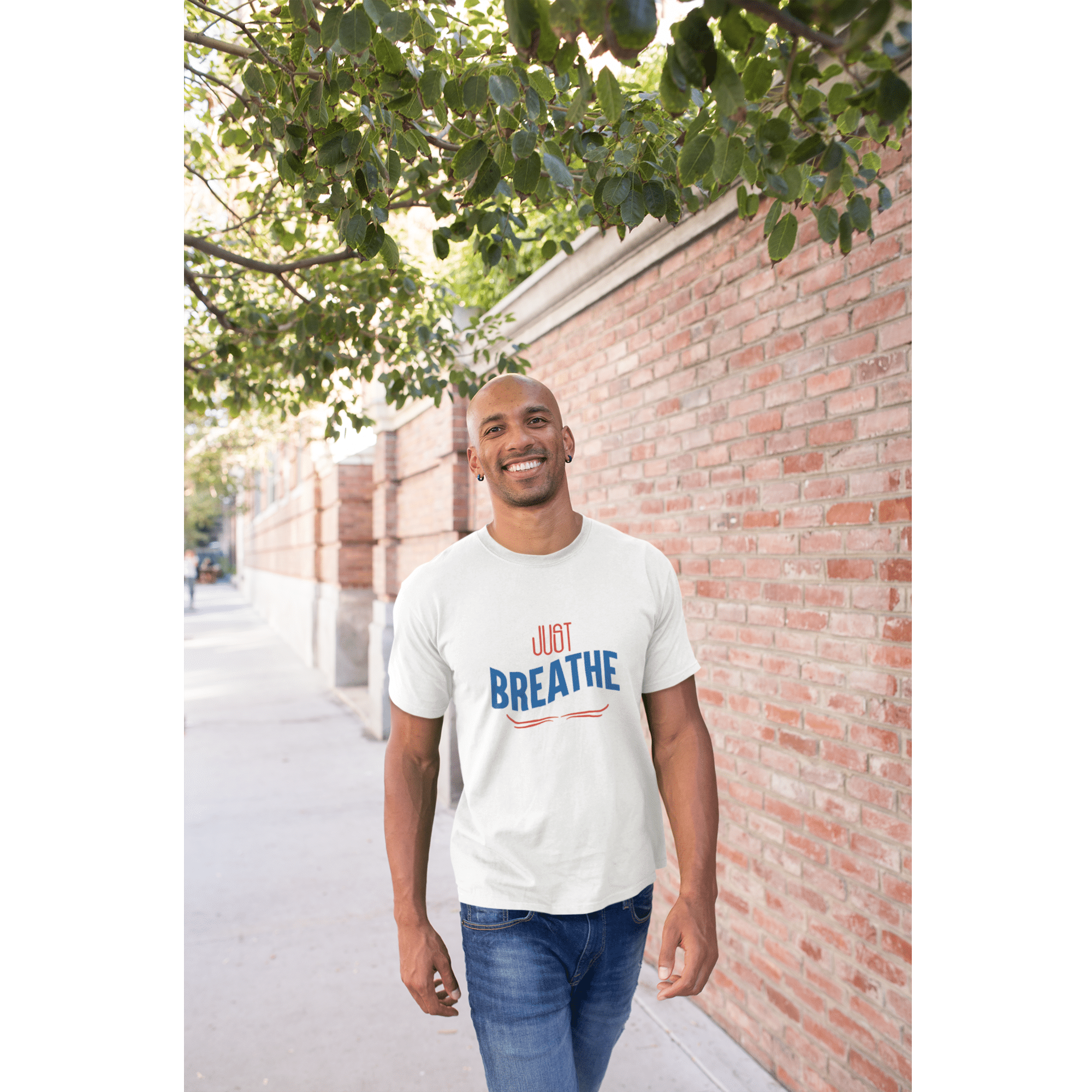 Just Breath Men's premium cotton crew neck t-shirt in regular fit with "Just Breathe" text, soft and durable.