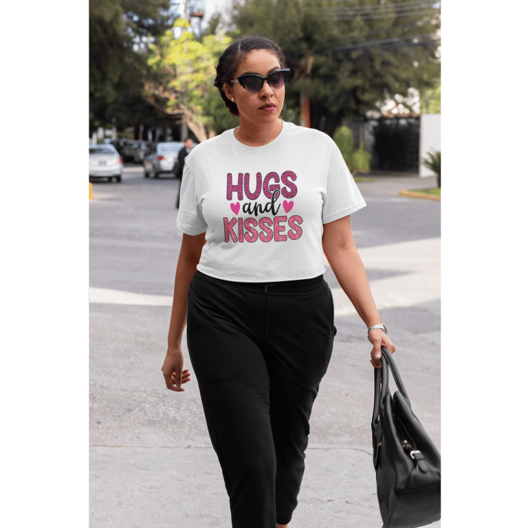 Women's crop top, relaxed fit, dropped shoulders, playful pink "Hugs and Kisses" lettering, cropped length, AS Colour.