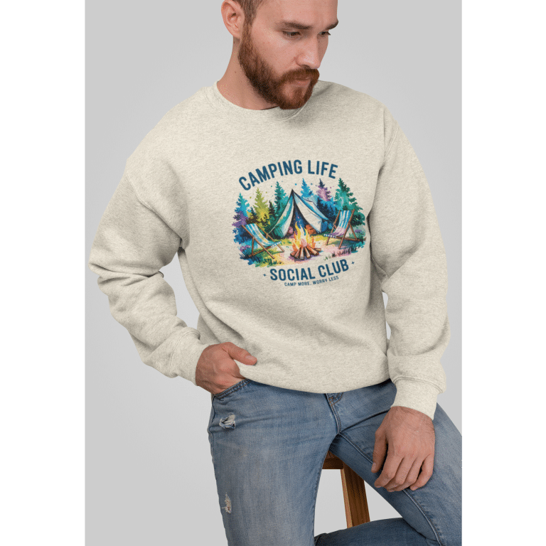 Oversized heavyweight sweatshirt in cozy cotton-poly blend, camping life design, unisex casual wear.