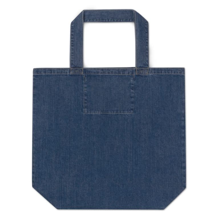 Vintage denim tote bag with playful Boo Sheet graphic, 100% organic cotton, spacious, long handles, durable shopping or beach carryall.