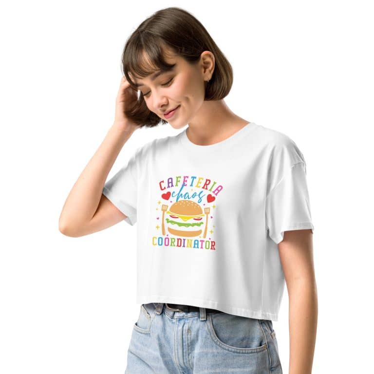 Women’s crop top, 100% combed cotton, relaxed fit, ribbed crew neck, dropped shoulders, cropped length.