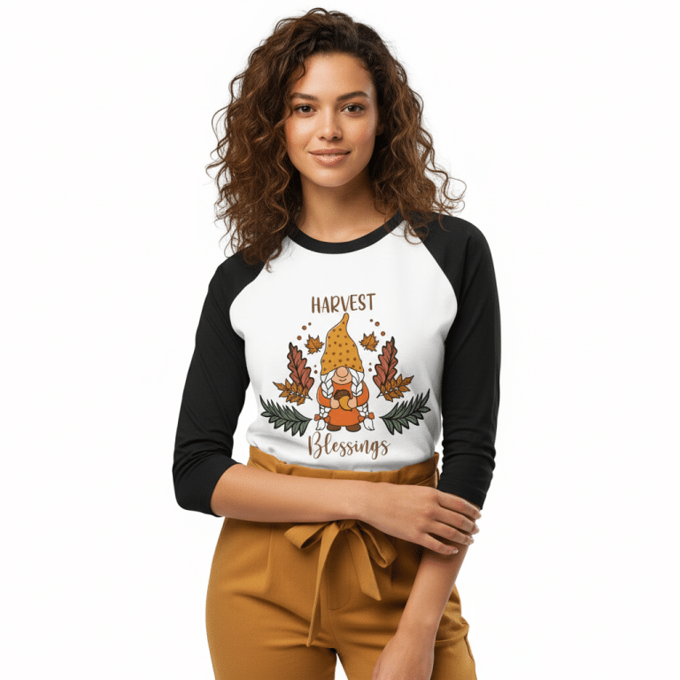 Autumn-themed 3/4 sleeve raglan shirt, Harvest Blessings, featuring gnome and fall foliage, soft cotton, sporty casual style.