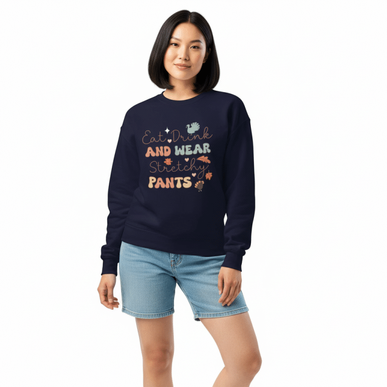 Crew neck sweatshirt with "Eat Drink And Wear Stretchy Pants" text, unisex fit, pill-resistant fleece, 50% cotton 50% polyester.