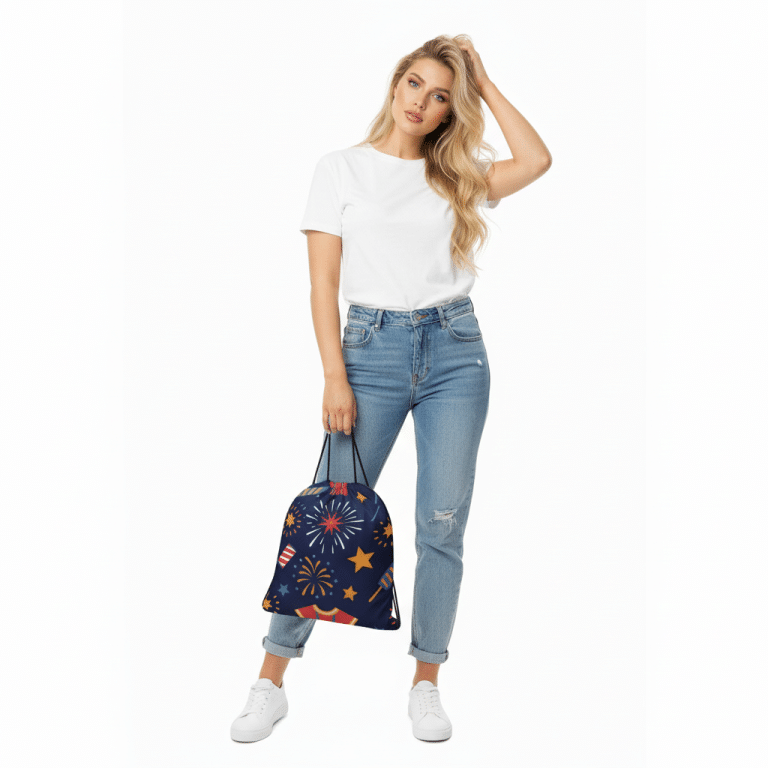 Colorful Fireworks drawstring bag: vibrant print, durable polyester, 15x17 inch, twin cotton handles, secure drawstring closure.