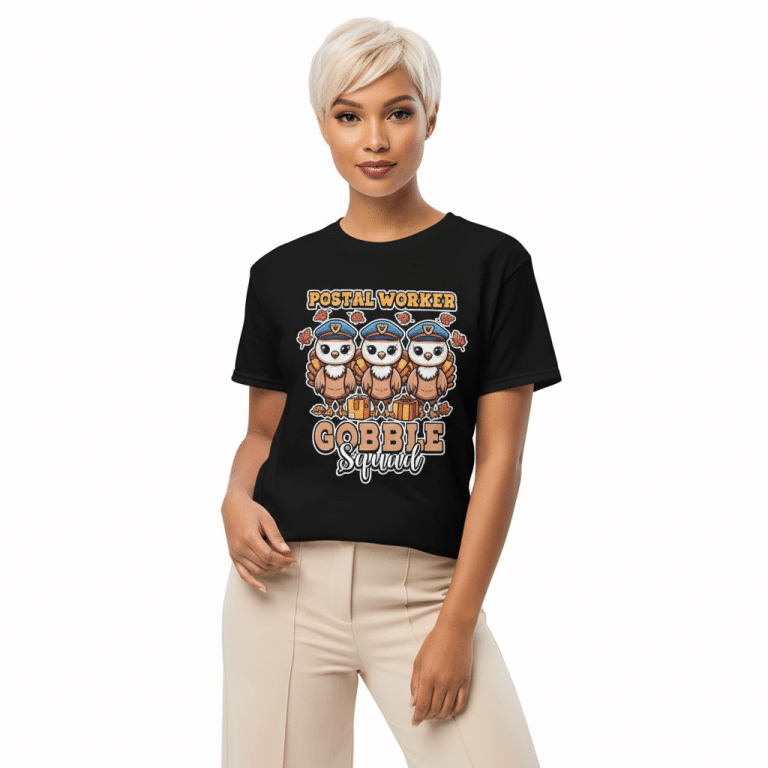 Gildan DryBlend® black T-shirt with Gobble Squad Postal Worker owl mascots, moisture-wicking cotton-poly blend, modern classic fit.