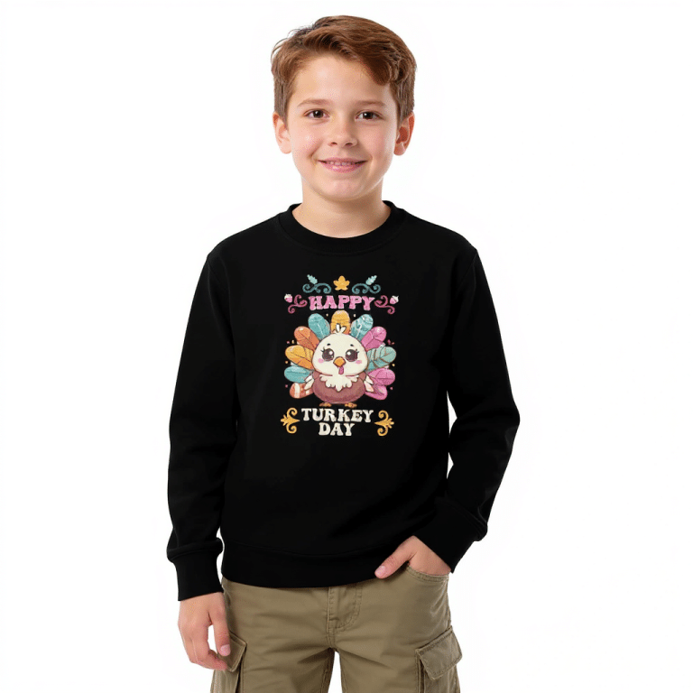 Kids fleece hoodie with colorful turkey graphic, warm cotton-polyester blend, perfect for festive Thanksgiving fun