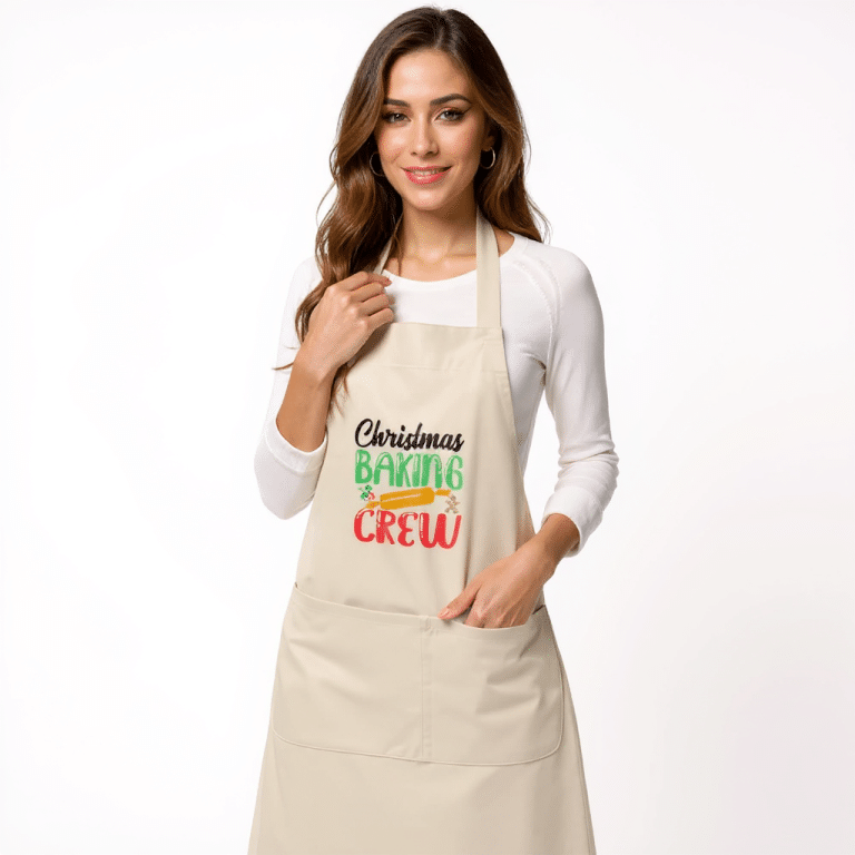 Organic Cotton Apron - Christmas Baking Crew with adjustable straps, divided front pocket, soft 7.08 oz organic cotton in festive design.