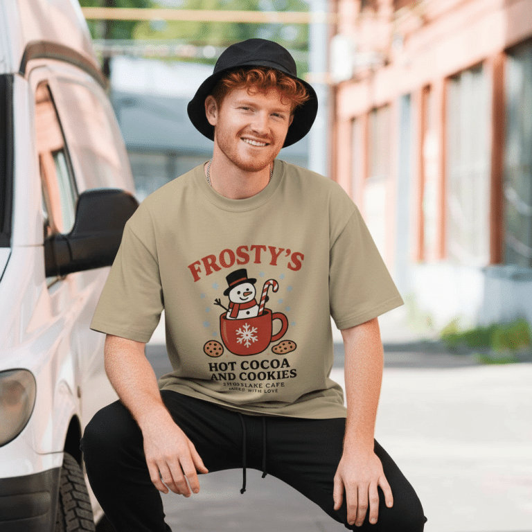 Oversized faded t-shirt from Frosty's, 100% cotton, boxy garment-dyed fit, dropped shoulders, casual streetwear style.