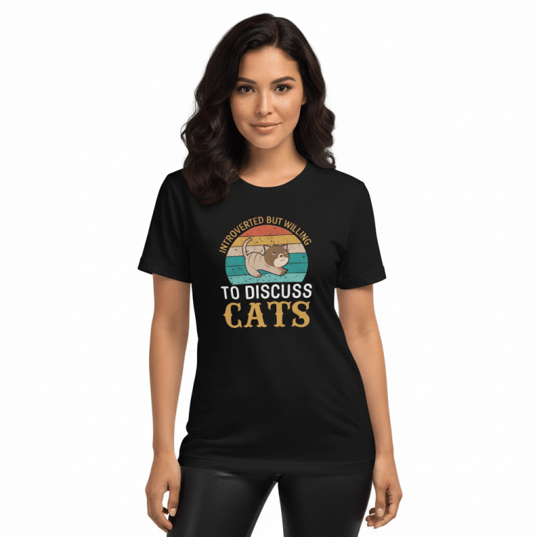 Cotton Heritage short sleeve t-shirt with 'Introverted But Willing To Discuss Cats' print, tri-blend fabric, regular fit, vintage style.