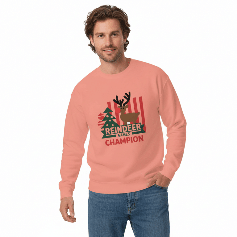 Peach unisex premium sweatshirt with festive reindeer and Christmas tree design, "Champion" text, cozy fleece, crew neck.