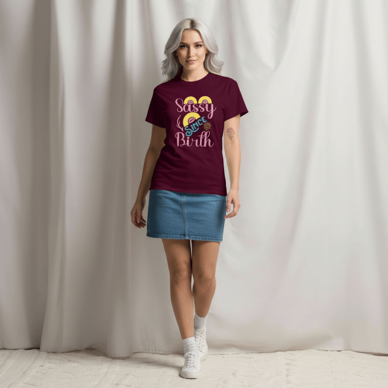 Burgundy unisex classic tee with multicolored print, "Sassy Since Birth," 100% cotton, casual streetwear style