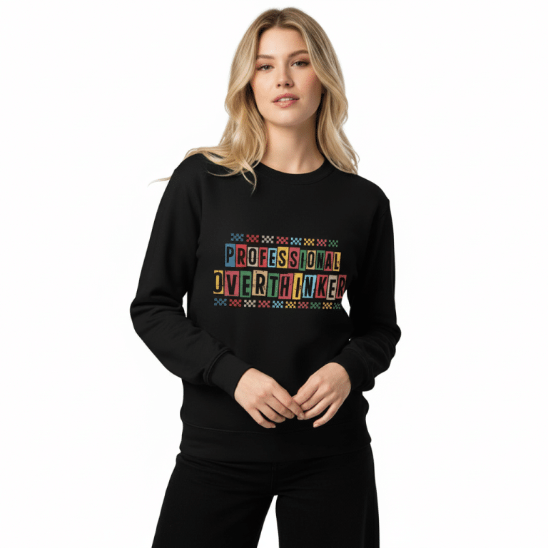Unisex eco sweatshirt, 100% organic cotton, regular fit, 'Professional Overthinker' print, set-in sleeves, ethically made.