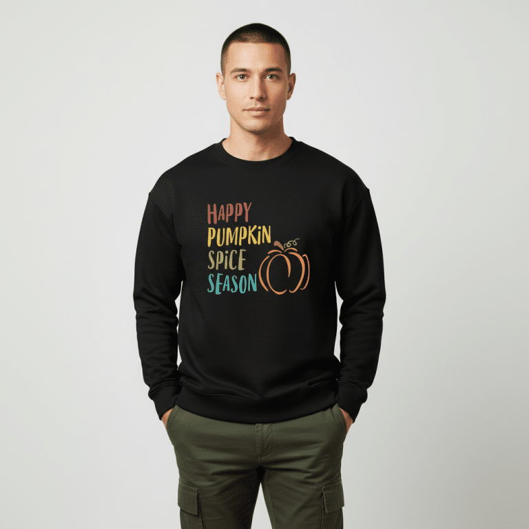 Unisex organic oversized sweatshirt with 'Happy Pumpkin Spice Season' graphic, autumn comfort style
