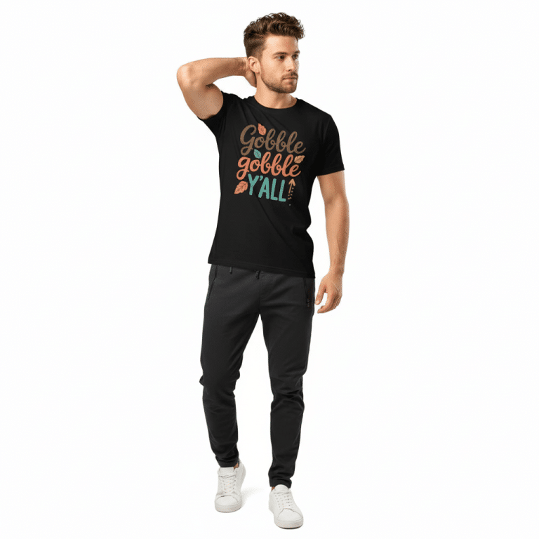 Unisex organic ribbed neck t-shirt with playful "Gobble Gobble Y'all" Thanksgiving design, available in black or white.
