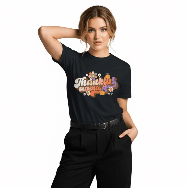 Unisex premium cotton t-shirt in marles blend with "Thankful Mama" print, crew neck, regular fit for mom gratitude.