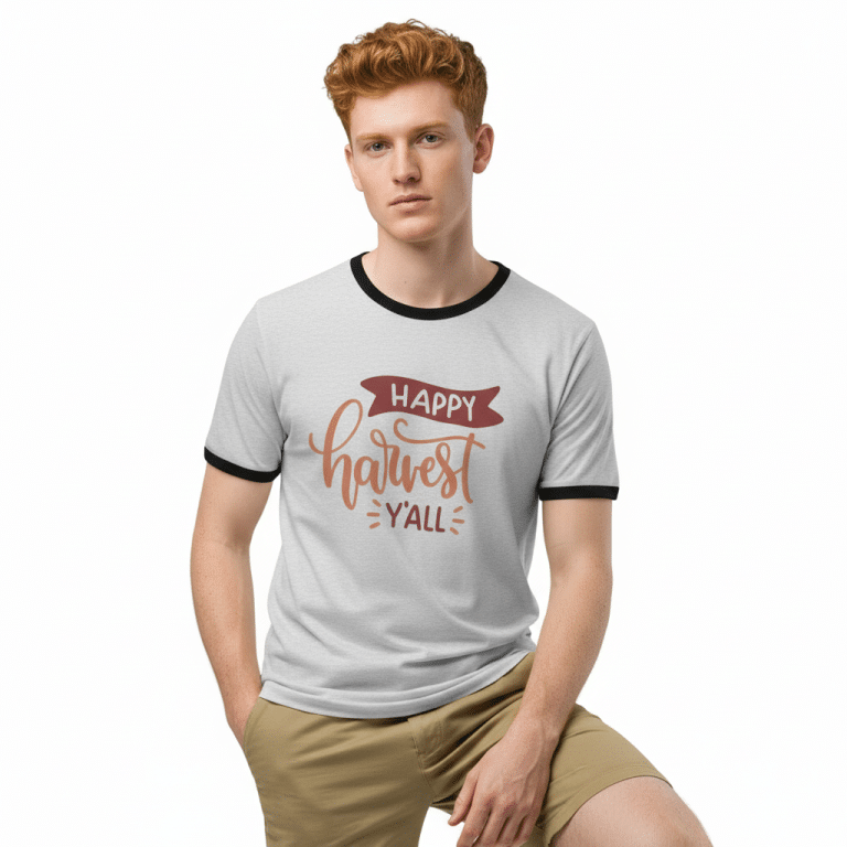 Unisex ringer t-shirt in ivory with black accents, 'Happy Harvest Y'all' text, lightweight cotton tee for fall