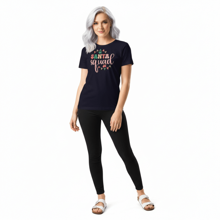 Women's relaxed Santa Squad crew neck T-shirt in heather lilac, soft cotton, festive holiday graphic