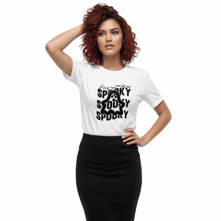 Women's relaxed mauve tee with ghost and bats, Stay Spooky, 100% cotton, Bella + Canvas.
