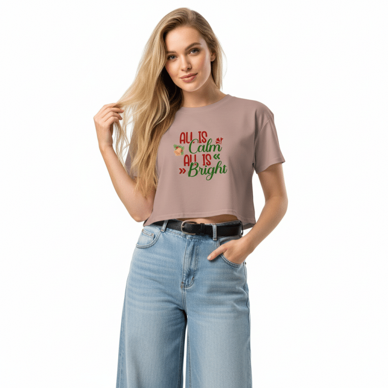 Women’s crop top with festive "All is Calm All is Bright" text, heather cotton blend, ribbed crew neck, relaxed fit.