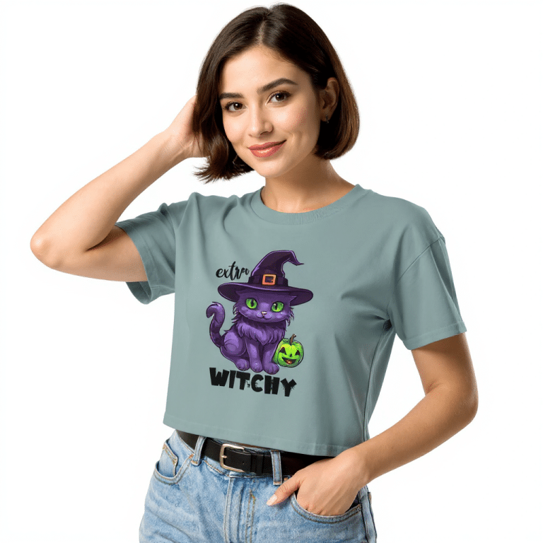 Women's crop top with purple cat under witch's hat, relaxed fit, dropped shoulders, 100% combed cotton, lightweight and stylish.