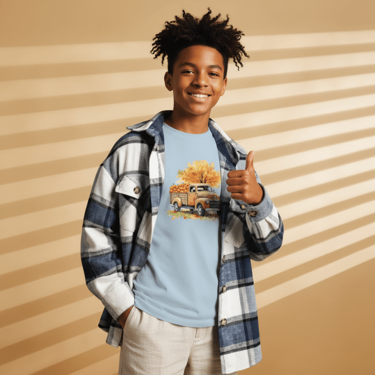 Youth classic tee with autumn truck and pumpkin design, 100% cotton, classic fit, perfect for fall adventures.