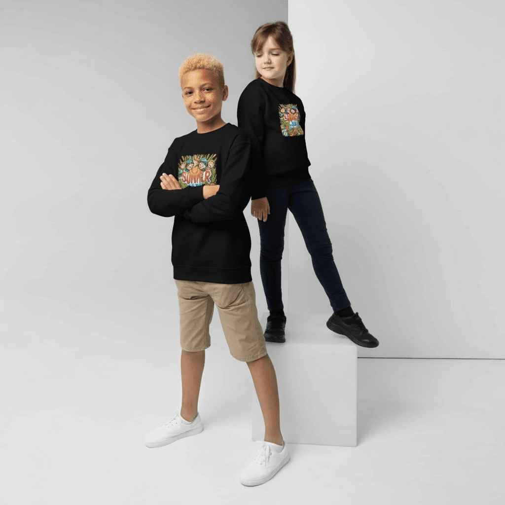 Youth_crewneck_sweatshirt_-_Summer_Camp_realmodel_20250909_230120 Youth crewneck sweatshirt with colorful Summer Camp graphics, soft fleece, regular fit, 50% cotton 50% polyester.